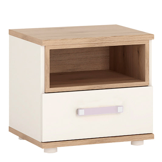 1 Drawer bedside Cabinet in Light Oak and white High Gloss (lilac handles)