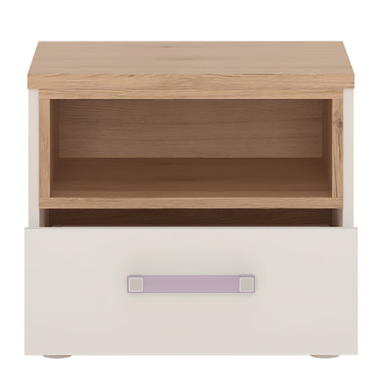 1 Drawer bedside Cabinet in Light Oak and white High Gloss (lilac handles)