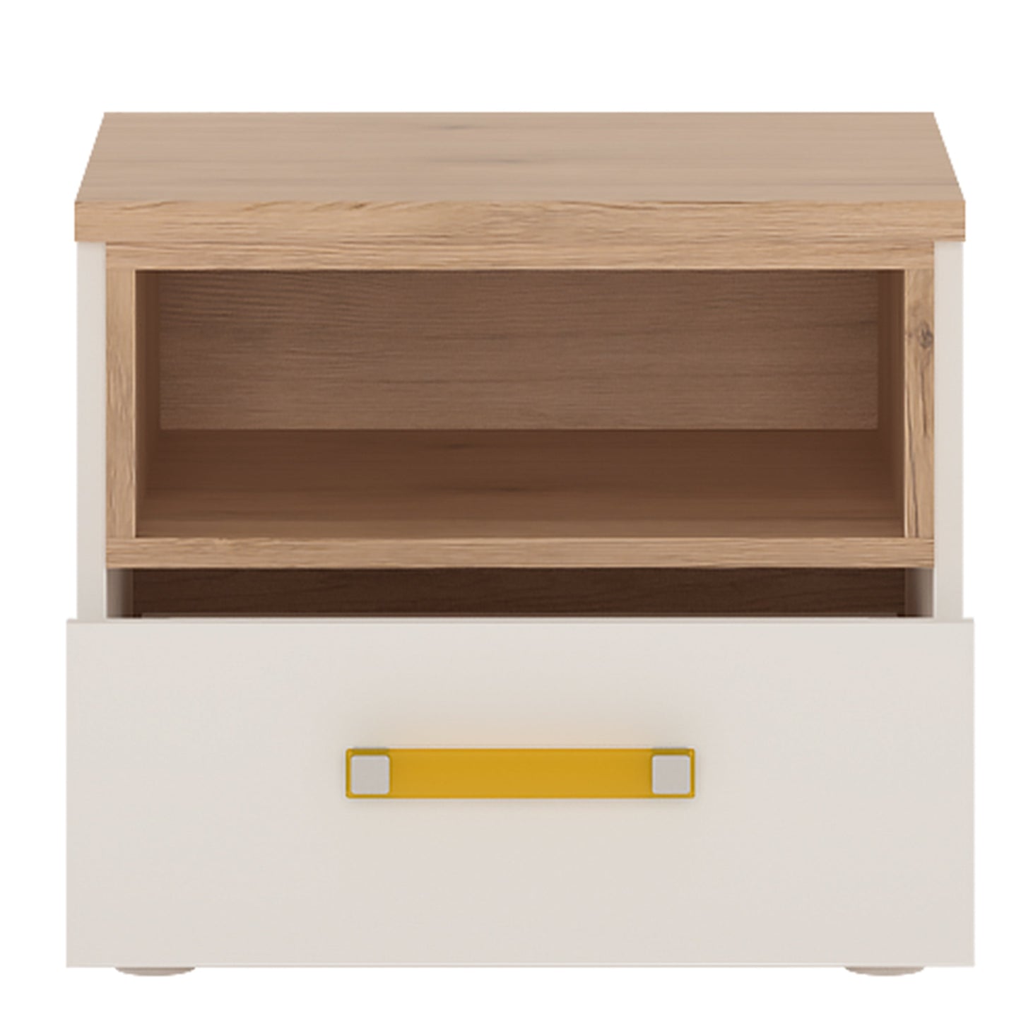 1 Drawer bedside Cabinet in Light Oak and white High Gloss (orange handles)