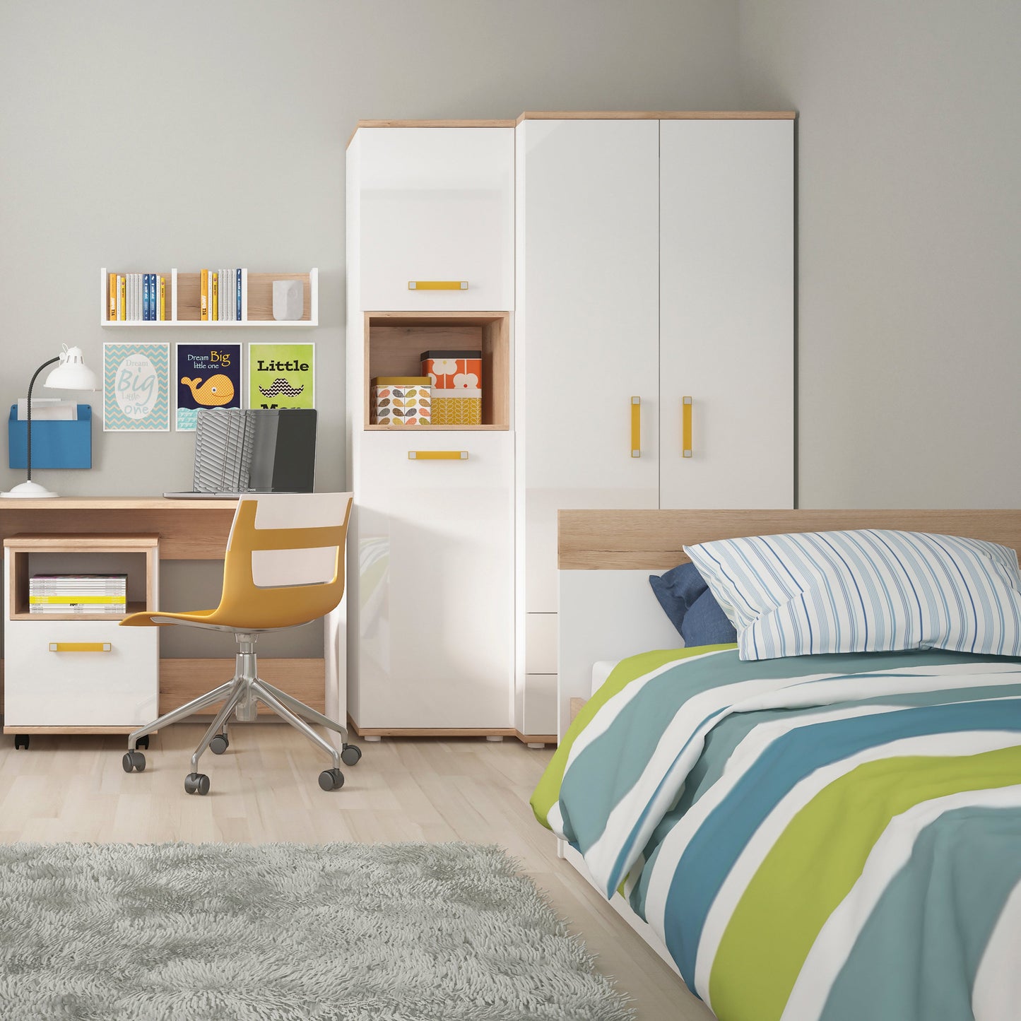 1 Drawer bedside Cabinet in Light Oak and white High Gloss (orange handles)