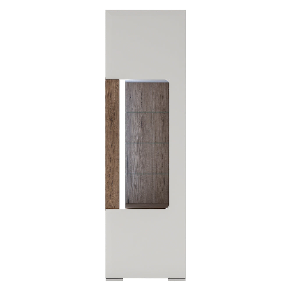 Toronto Tall narrow glazed display cabinet with internal shelves (inc. Plexi Lighting) In White and Oak