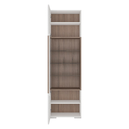 Toronto Tall narrow glazed display cabinet with internal shelves (inc. Plexi Lighting) In White and Oak