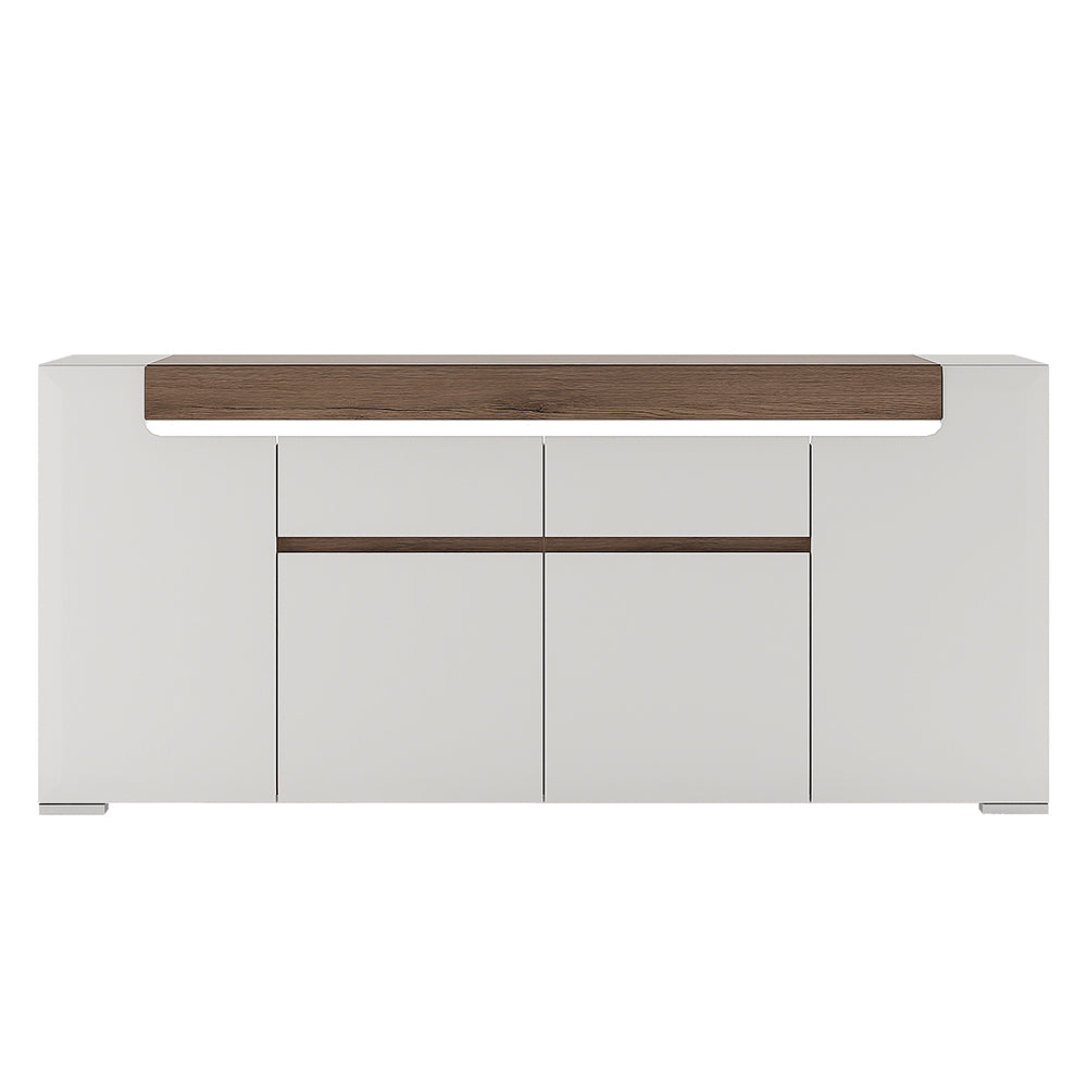 Toronto Wide 4 Door 2 Drawer Sideboard (inc. Plexi Lighting) In White and Oak