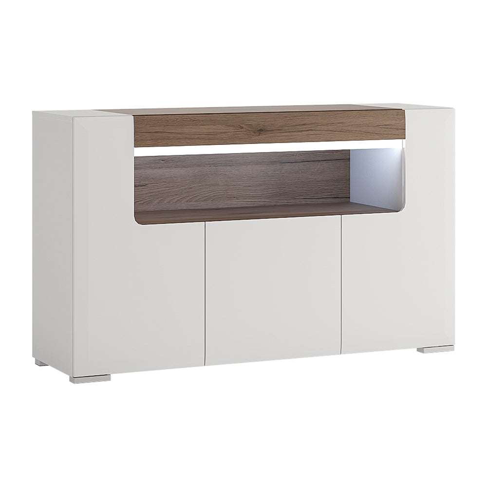 Toronto 3 Door Sideboard with open shelving (inc. Plexi Lighting) In White and Oak