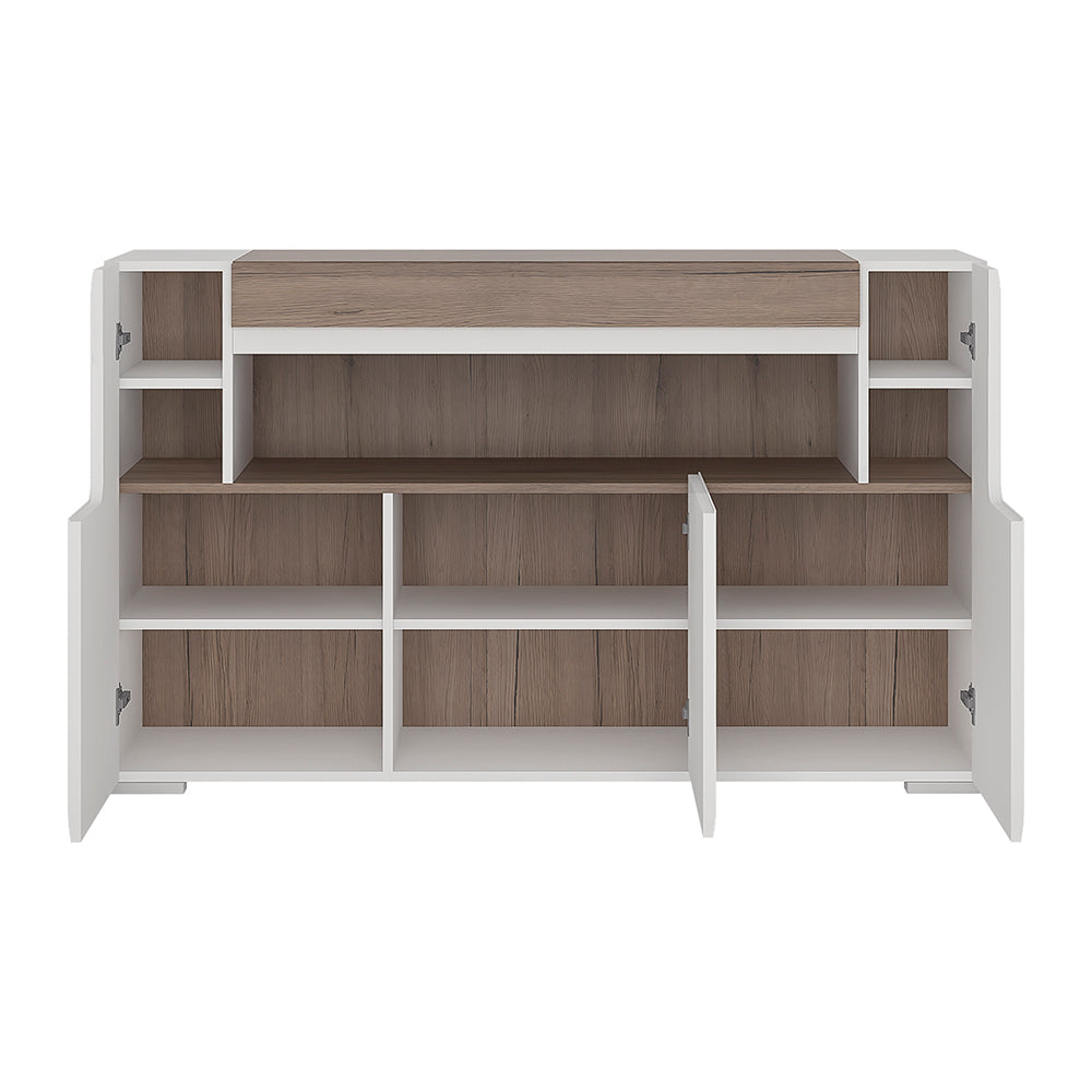 Toronto 3 Door Sideboard with open shelving (inc. Plexi Lighting) In White and Oak