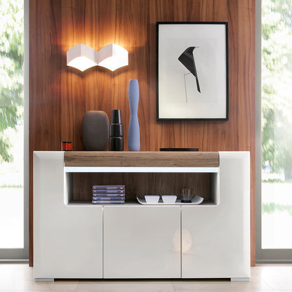 Toronto 3 Door Sideboard with open shelving (inc. Plexi Lighting) In White and Oak