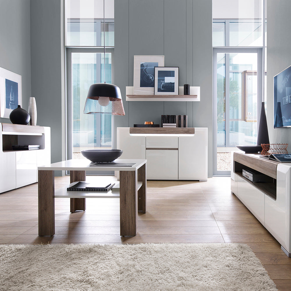 Toronto 3 Door Sideboard with open shelving (inc. Plexi Lighting) In White and Oak