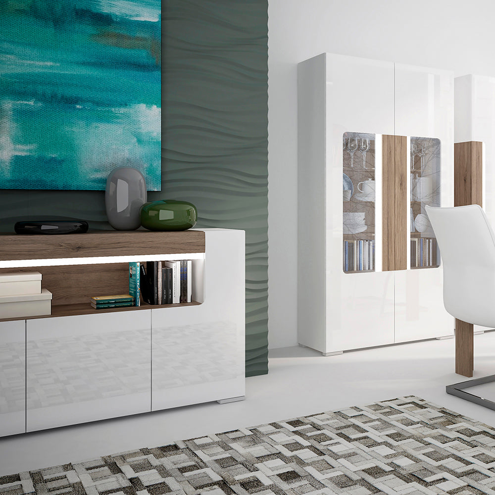 Toronto 3 Door Sideboard with open shelving (inc. Plexi Lighting) In White and Oak