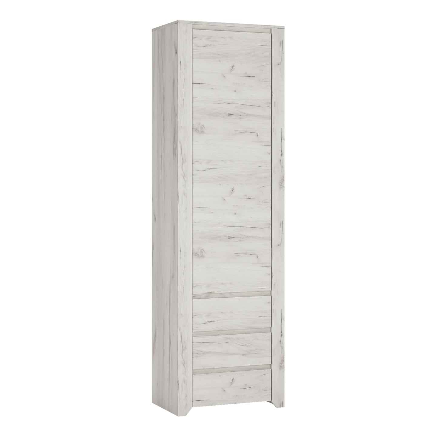 Angel Tall Narrow One Door 3 Drawer Narrow Cupboard in White Craft Oak