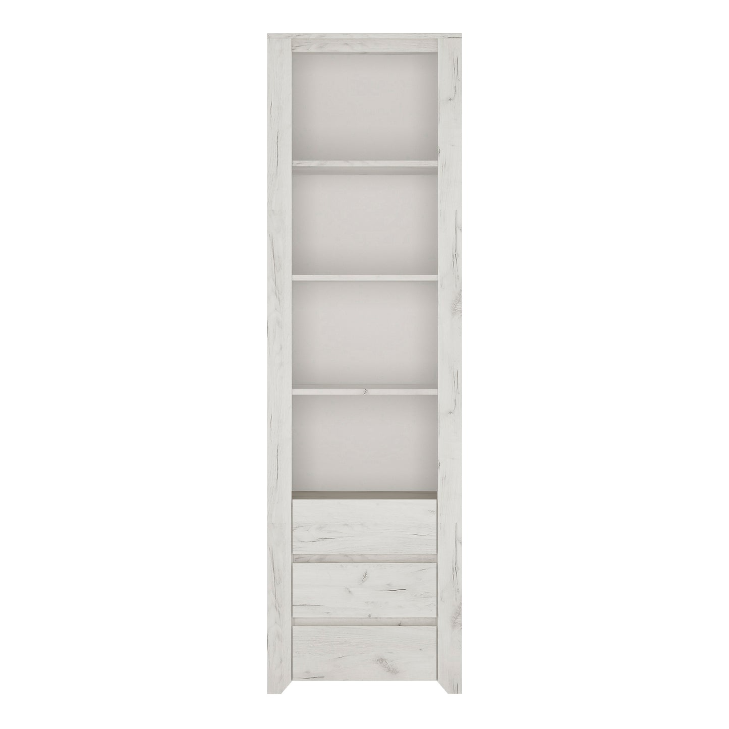 Angel Tall Narrow 3 Drawer Bookcase in White Craft Oak