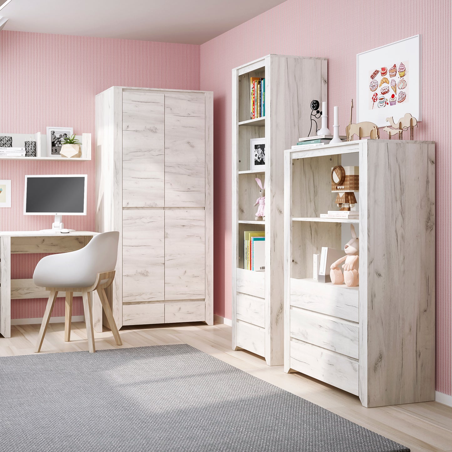 Angel Tall Narrow 3 Drawer Bookcase in White Craft Oak