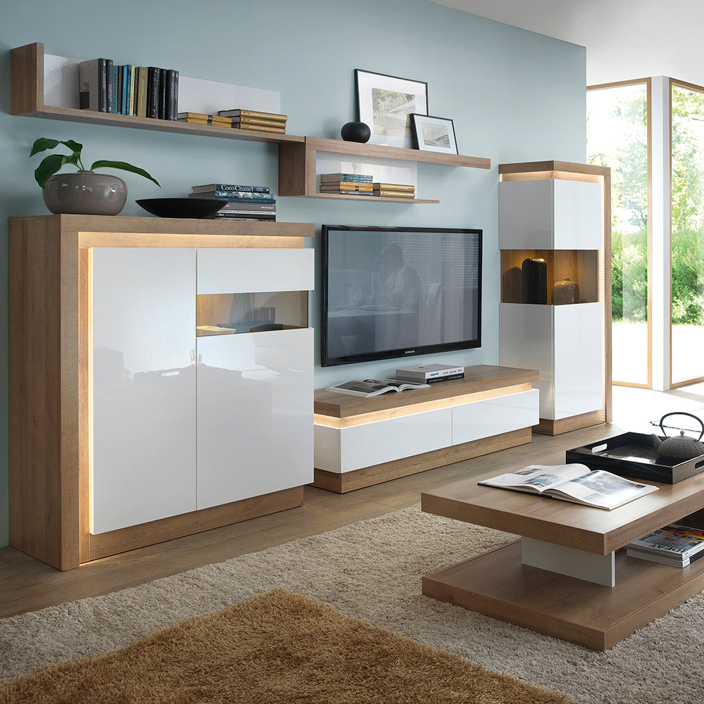 Lyon 2 drawer TV cabinet in Riviera Oak/White High Gloss