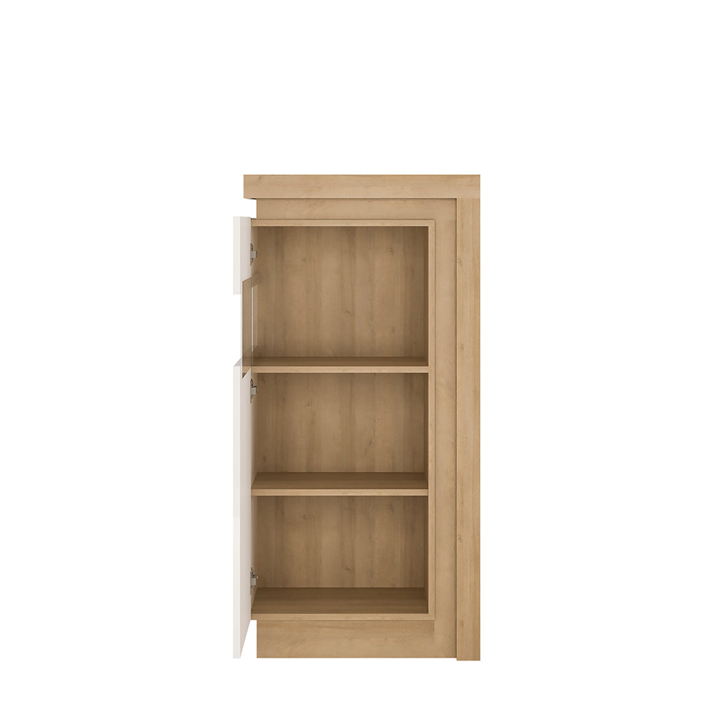 Lyon Narrow display cabinet (LHD) 123.6cm high in Riviera Oak/White High Gloss.