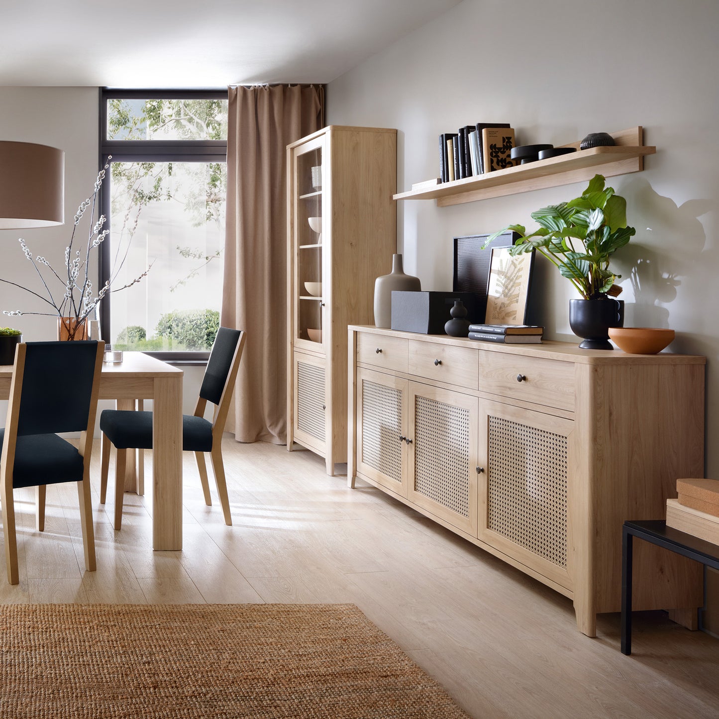 Cestino 2 Door 2 Drawer Display Cabinet in Jackson Hickory Oak and Rattan Effect