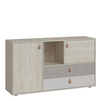 Denim 2 Door 2 Drawer Sideboard in Light Walnut, Grey Fabric Effect and Cashmere