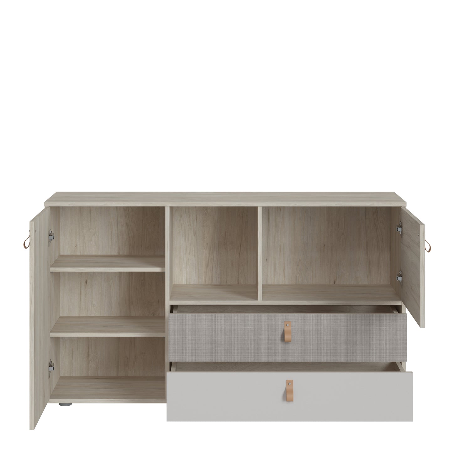 Denim 2 Door 2 Drawer Sideboard in Light Walnut, Grey Fabric Effect and Cashmere