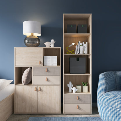 Denim 2 Drawer Bookcase in Light Walnut, Grey Fabric Effect and Cashmere