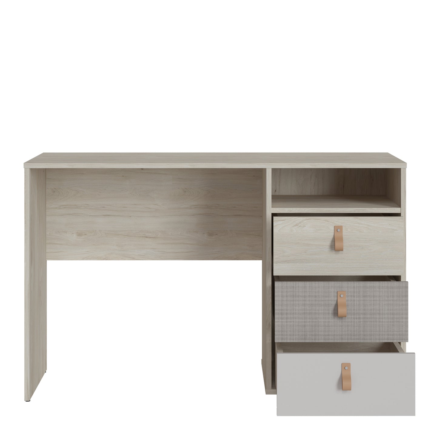 Denim 3 Drawer Desk in Light Walnut, Grey Fabric Effect and Cashmere