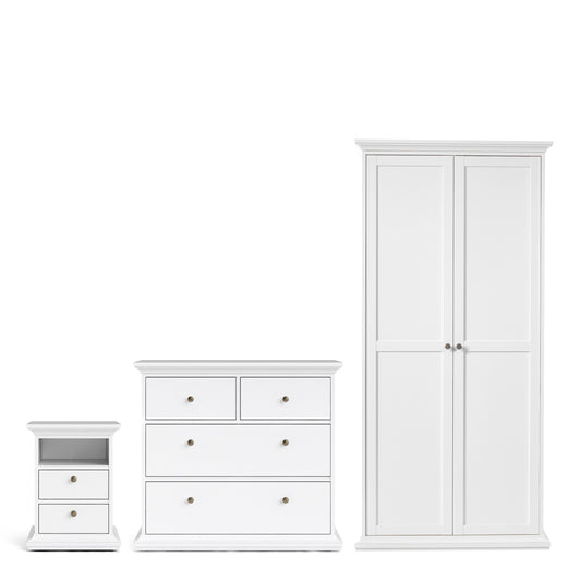 Paris 3 Piece Bundle, Bedside, Chest and 2 Door Wardrobe in White