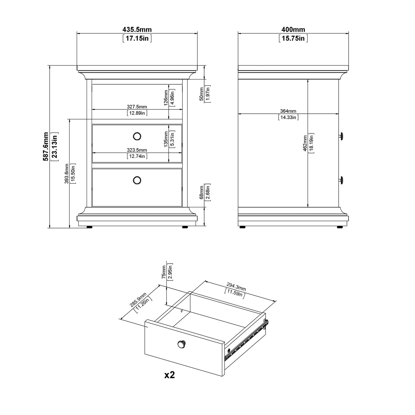 Paris 3 Piece Bundle, Bedside, Chest and 2 Door Wardrobe in White