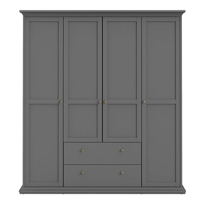 Paris Wardrobe with 4 Doors and 2 Drawers in Matt Grey