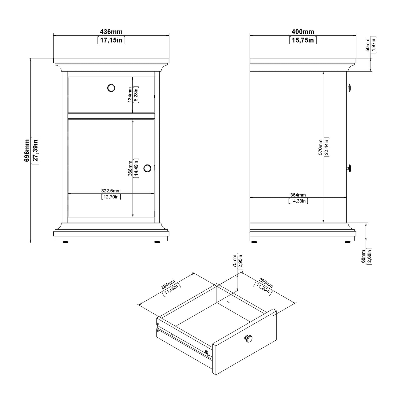 Paris Nightstand 1 Door + 1 Drawer in White