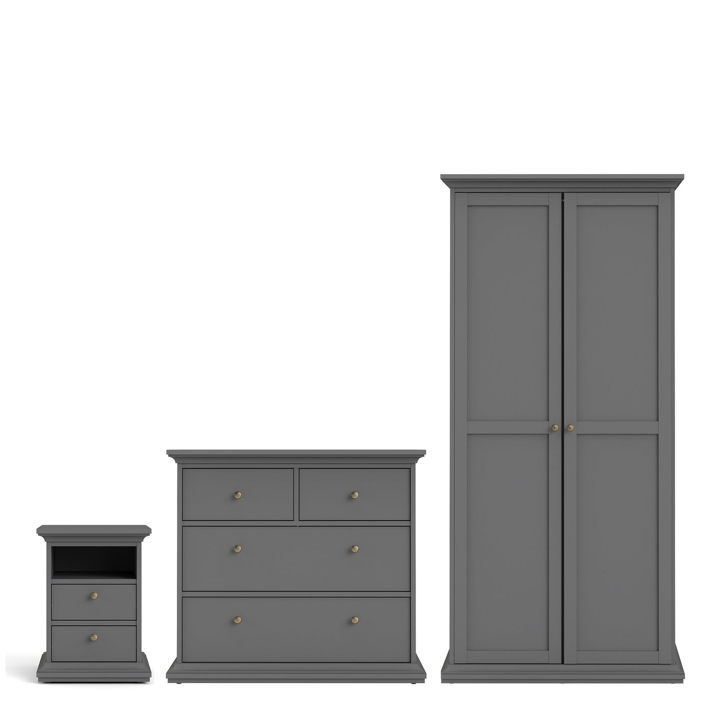 Paris 3 Piece Bundle, Bedside, Chest and 2 Door Wardrobe In Matt Grey