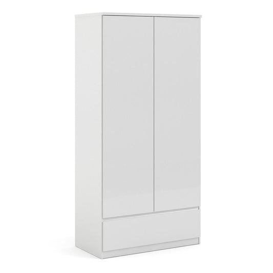 Naia Wardrobe with 2 doors + 1 drawer in White High Gloss