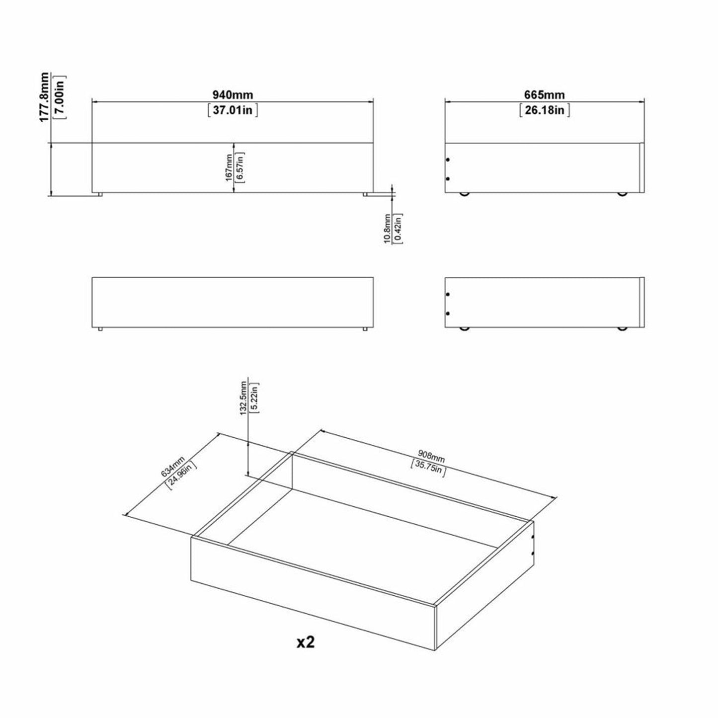 Naia Set of 2 Underbed Drawers (for Single or Double beds) in White High Gloss