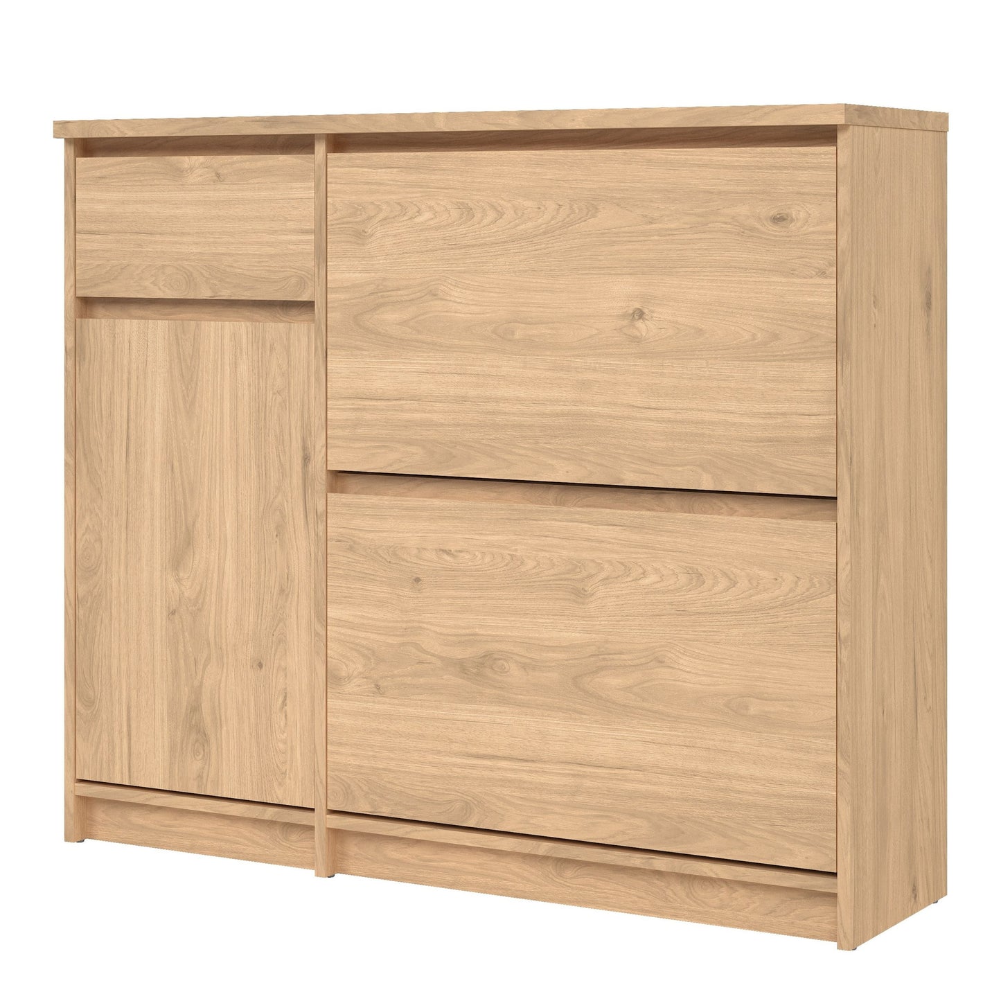 Naia Shoe Cabinet with 2 Shoe Compartments, 1 Door and 1 Drawer in Jackson Hickory Oak