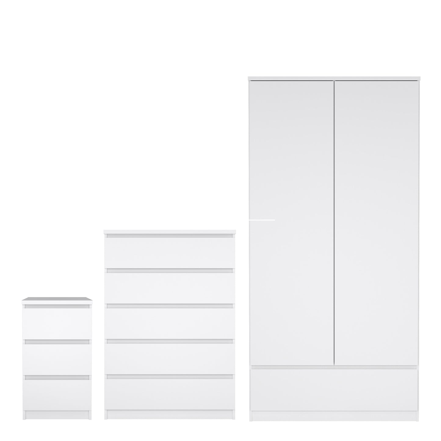 Naia 3 Piece Bundle, Bedside, Chest and 2 Door 1 Drawer Wardrobe in White High Gloss