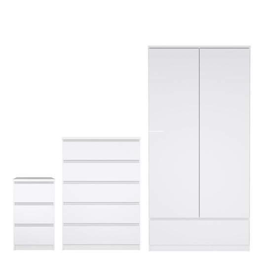 Naia 3 Piece Bundle, Bedside, Chest and 2 Door 1 Drawer Wardrobe in White High Gloss