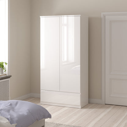 Naia 3 Piece Bundle, Bedside, Chest and 2 Door 1 Drawer Wardrobe in White High Gloss