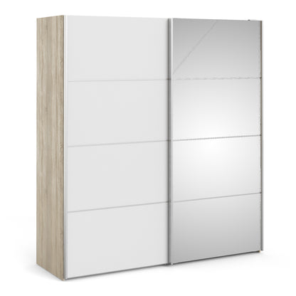 Verona Sliding Wardrobe 180cm in Oak with White and Mirror Doors with 5 Shelves