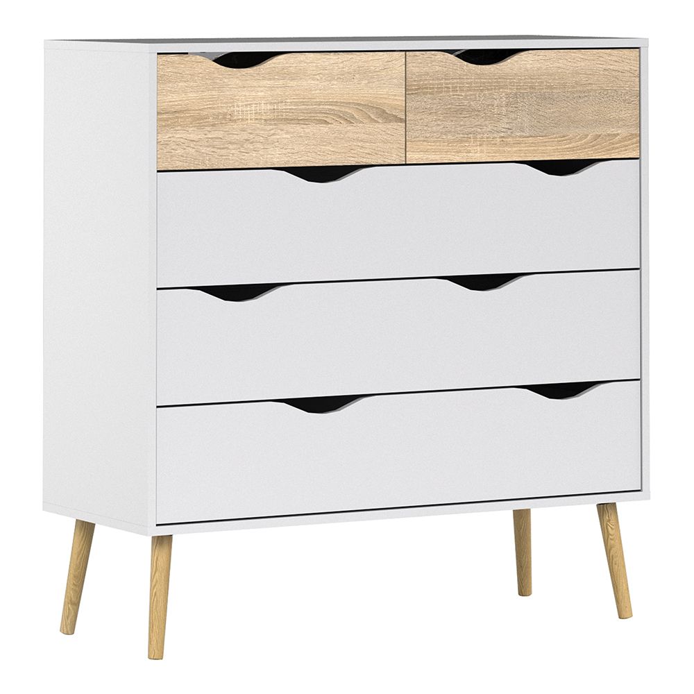 Oslo 3 Piece Bundle, Bedside, Chest and 2 Door 2 Drawers Wardrobe in White and Oak