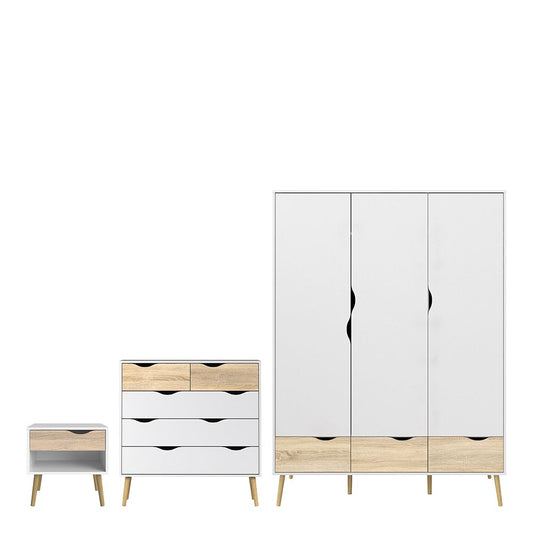 Oslo 3 Piece Bundle, Bedside, Chest and 3 Door 3 Drawers Wardrobe in White and Oak