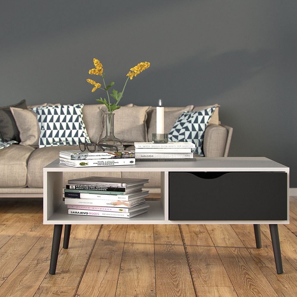 Oslo Coffee Table 1 Drawer 1 Shelf in White and Black Matt