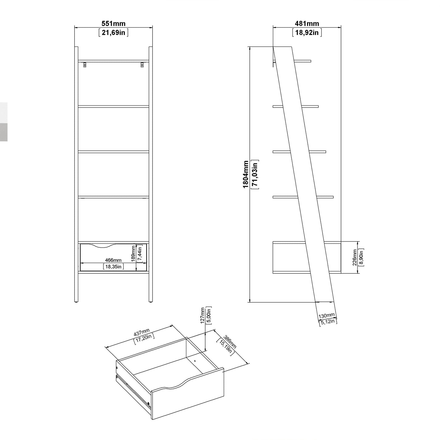 Oslo Leaning Bookcase 1 Drawer in White and Oak