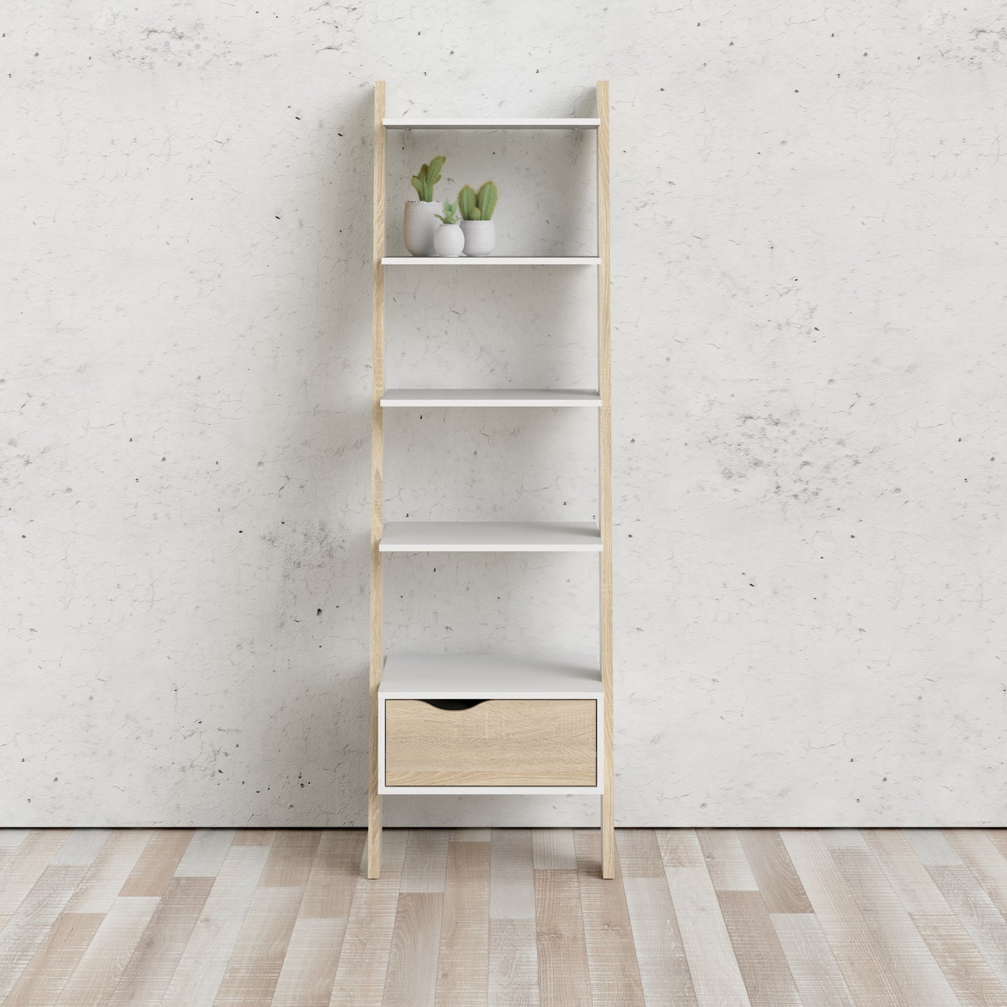 Oslo Leaning Bookcase 1 Drawer in White and Oak