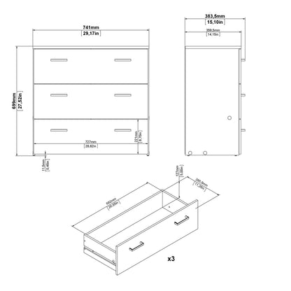 Space 3 Piece Bundle, Bedside, Chest and 2 Door Wardrobe in White