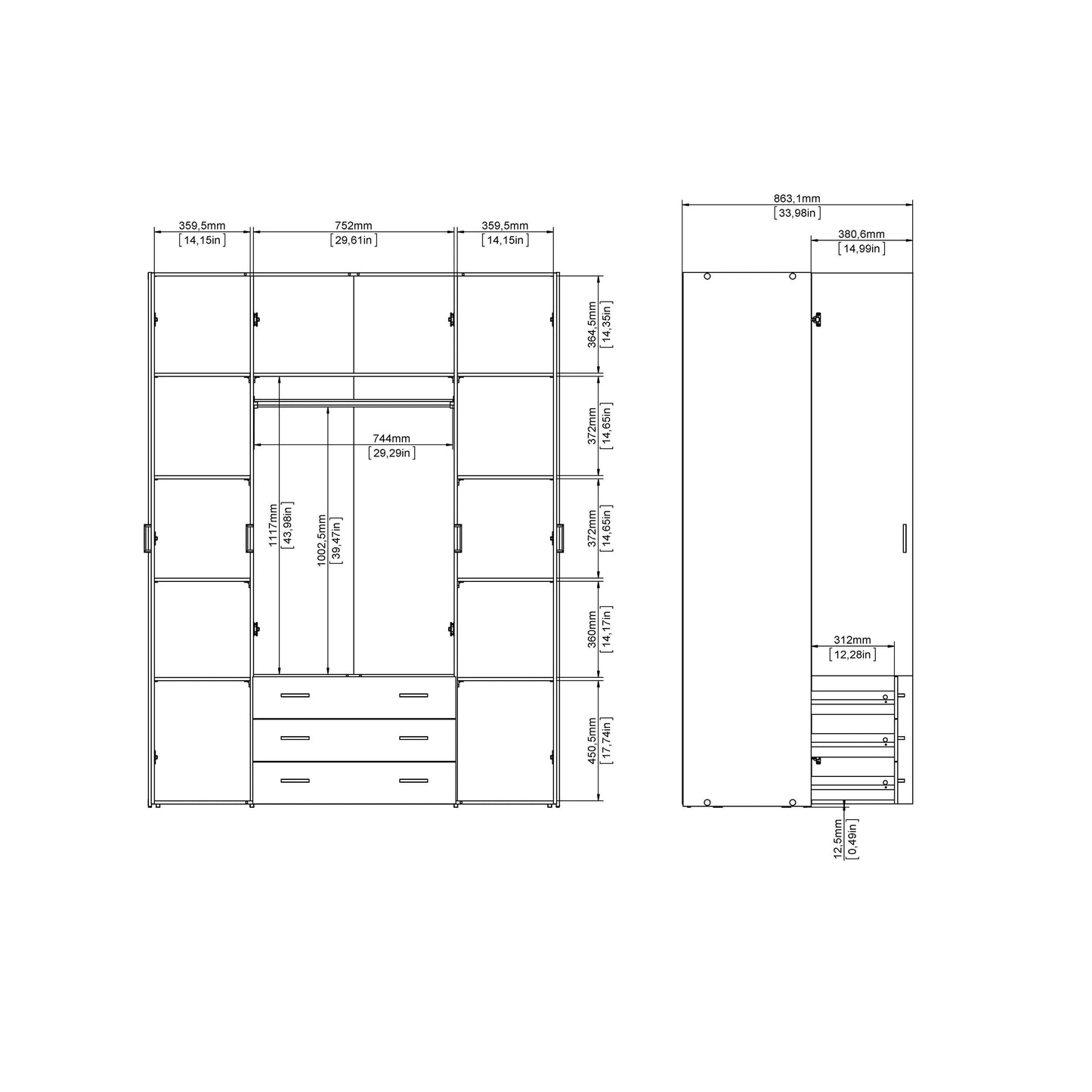 Space Wardrobe - 4 Doors 3 Drawers in Oak 2000