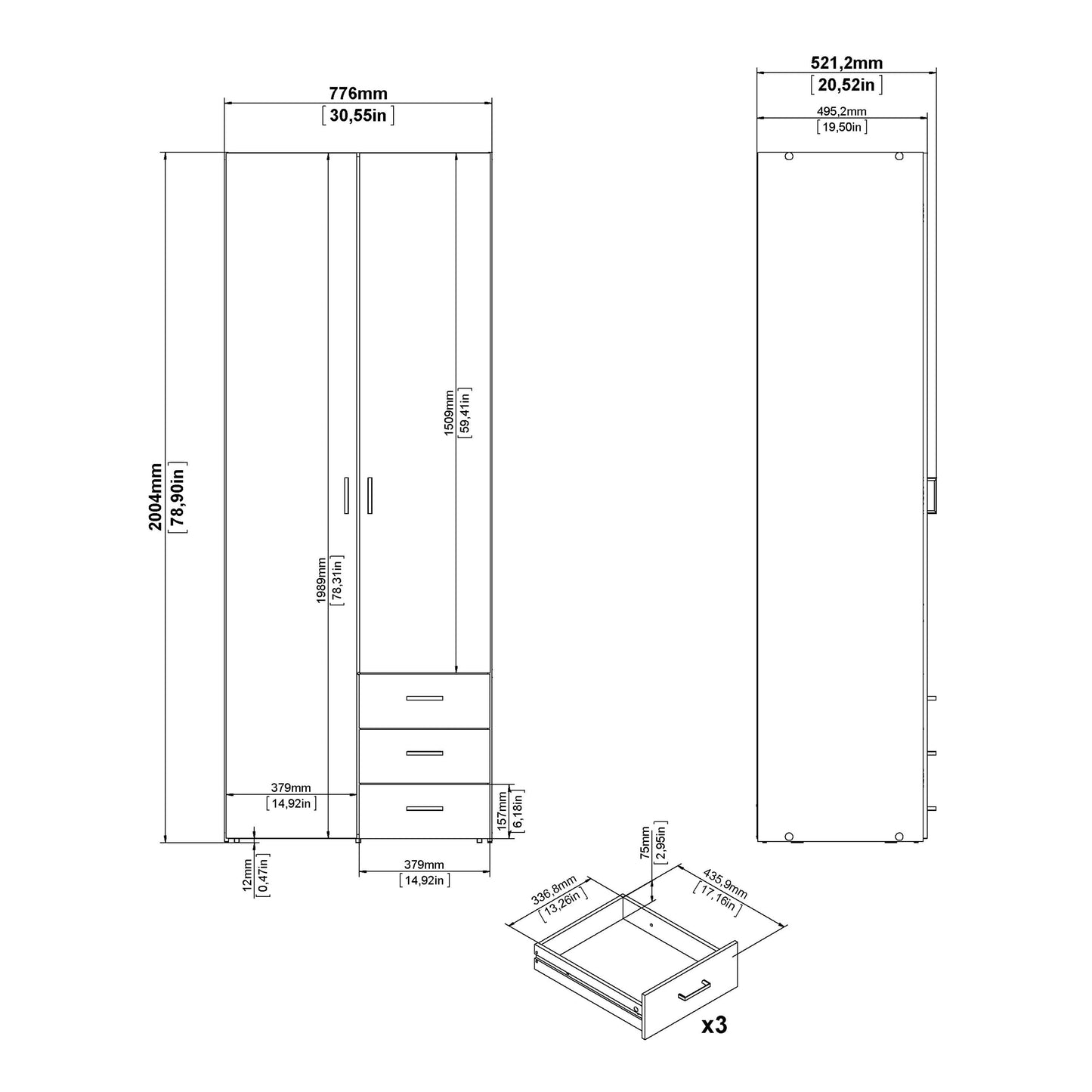 Space Wardrobe - 2 Doors 3 Drawers in Oak 2000