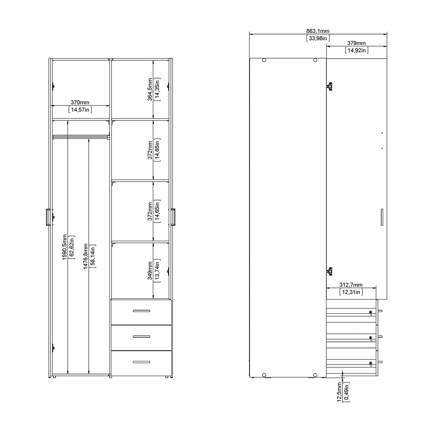 Space Wardrobe - 2 Doors 3 Drawers in Oak 2000