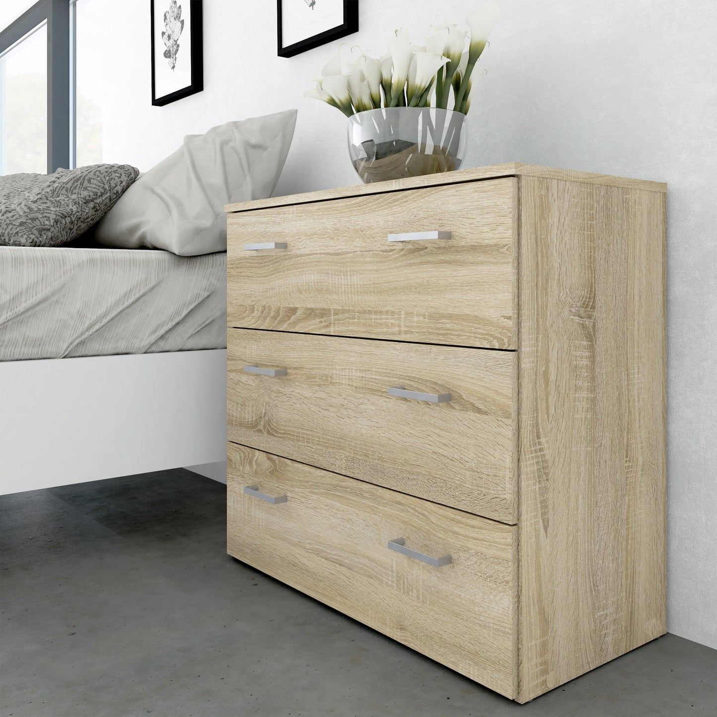 Space 3 Piece Bundle, Bedside, Chest and 2 Door 1 Drawer Wardrobe in Oak