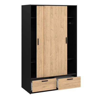 Line Wardrobe with 2 Doors + 2 Drawers in Black and Jackson Hickory Oak