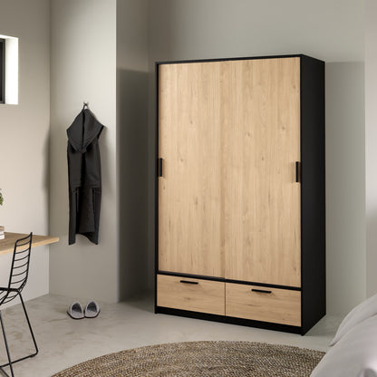 Line Wardrobe with 2 Doors + 2 Drawers in Black and Jackson Hickory Oak