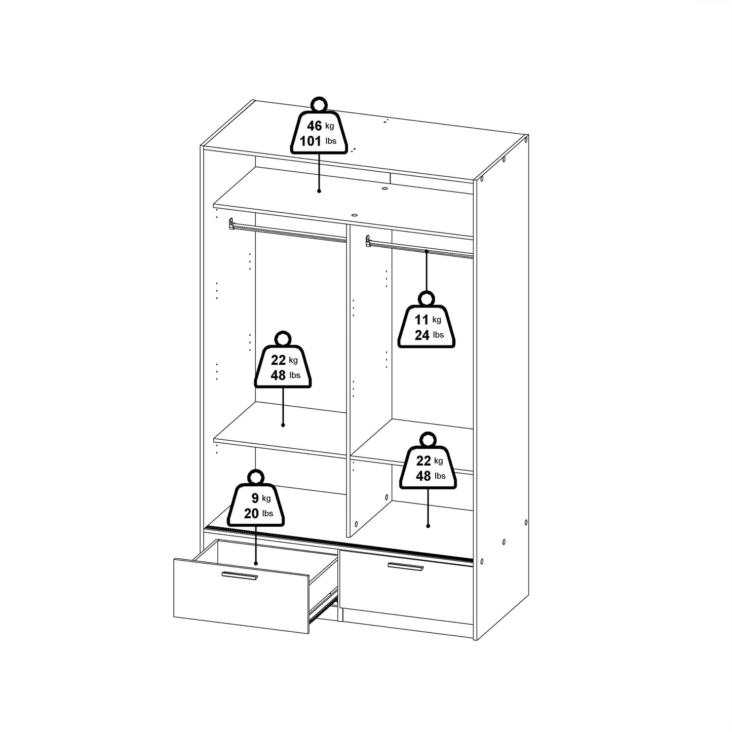 Line Wardrobe with 2 Doors + 2 Drawers in White and Concrete