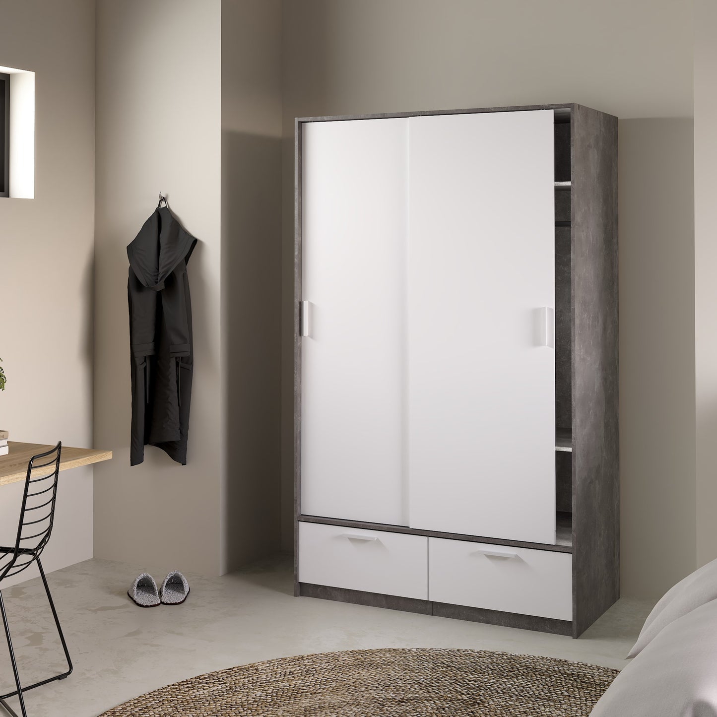 Line Wardrobe with 2 Doors + 2 Drawers in White and Concrete