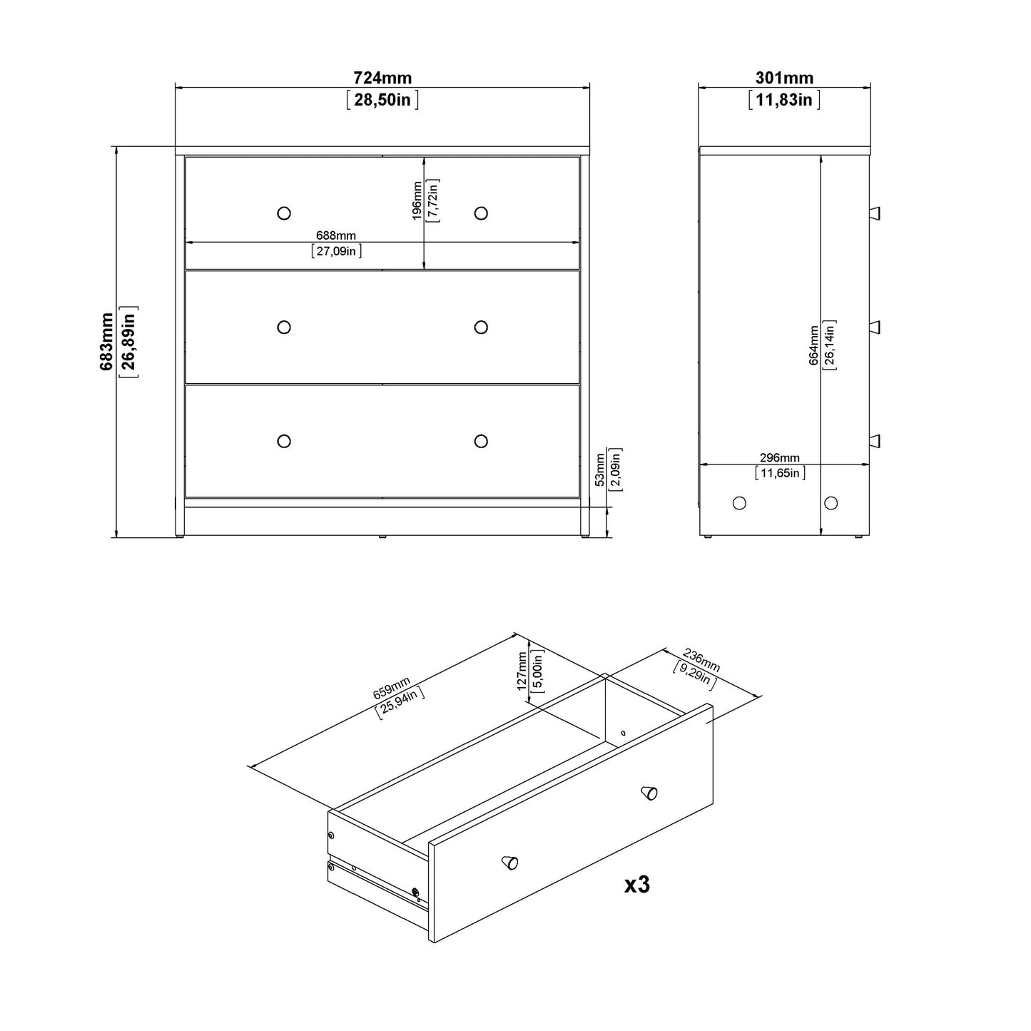 May Chest of 3 Drawers in Black