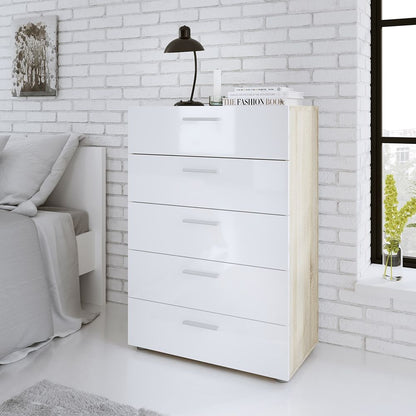 Pepe Chest of 5 Drawers in Oak with White High Gloss